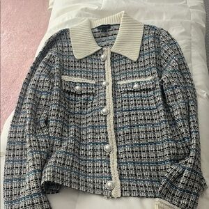 Talbots Women's Tweed Button Down Sweater with Cream Collar